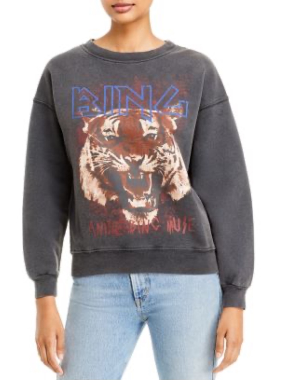 Anine Bing Charcoal Crewneck Sweatshirt with Tiger Graphic